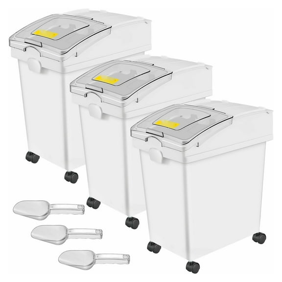 Ingredient Bins 5.2 Gallon, 3 Pcs Food Storage Containers on Wheels, PP Flour Bins with Scoop & Sliding Lid, White Commercial Storage Bins for Kitchen Pantry