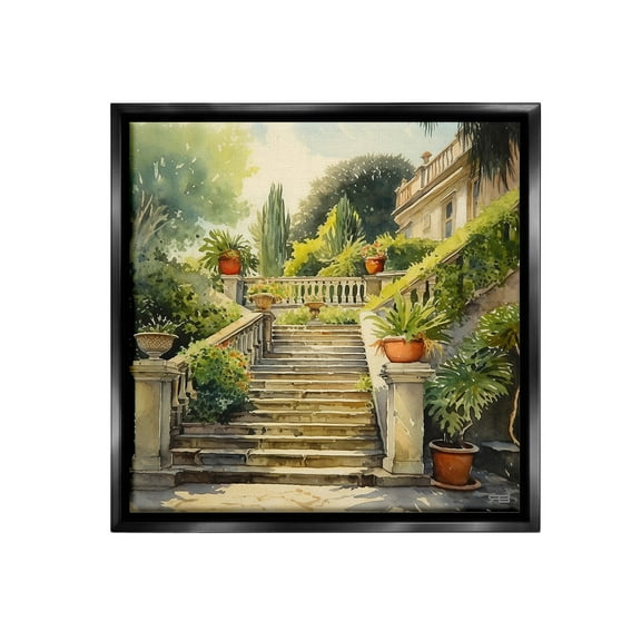 Stupell Industries Luxurious Villa Stairway Botanical & Floral Painting Black Floater Framed Canvas Art Print Wall Art, 18 x 18