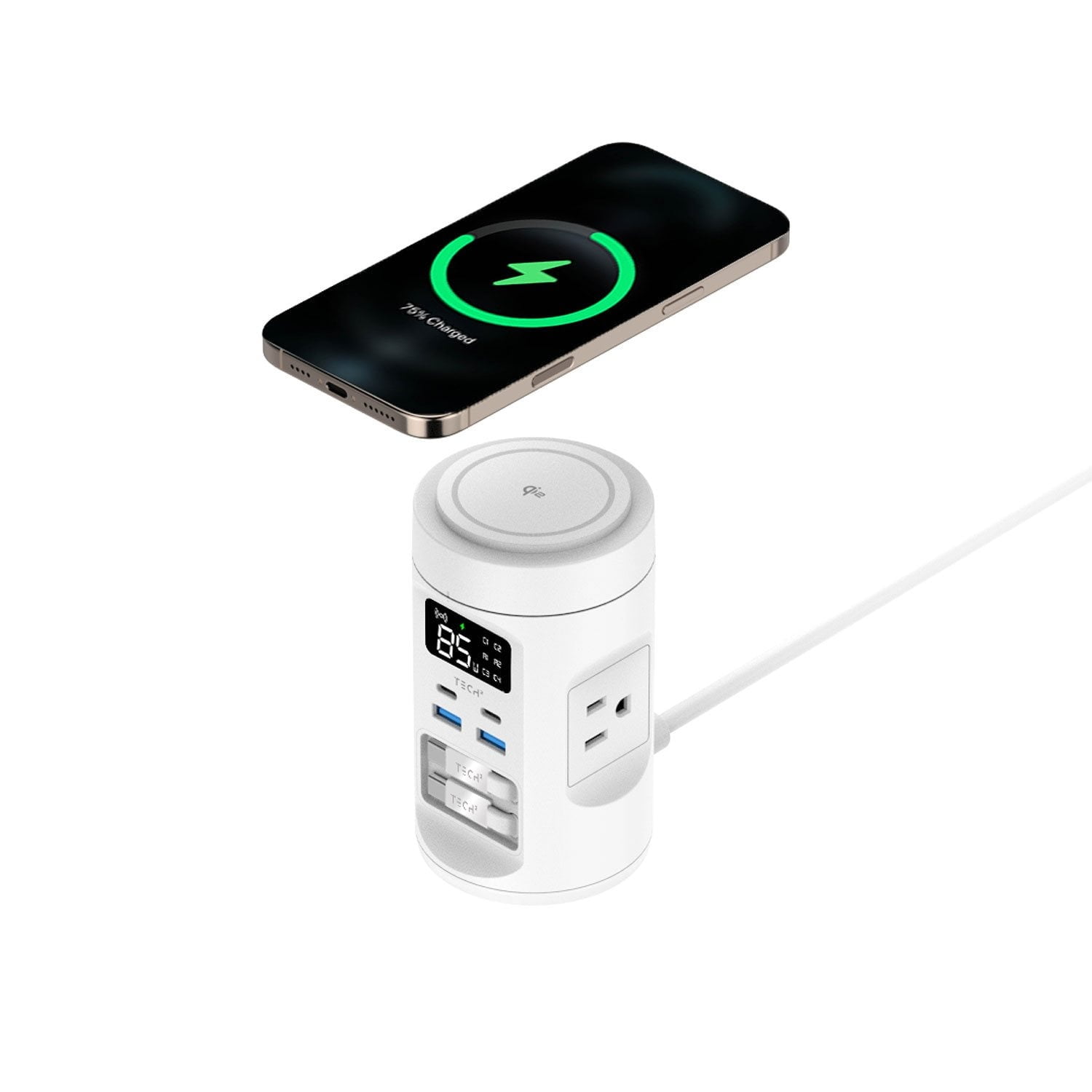 Tech Squared Power Tower with Qi2 Wireless Charging and Retractable Cords