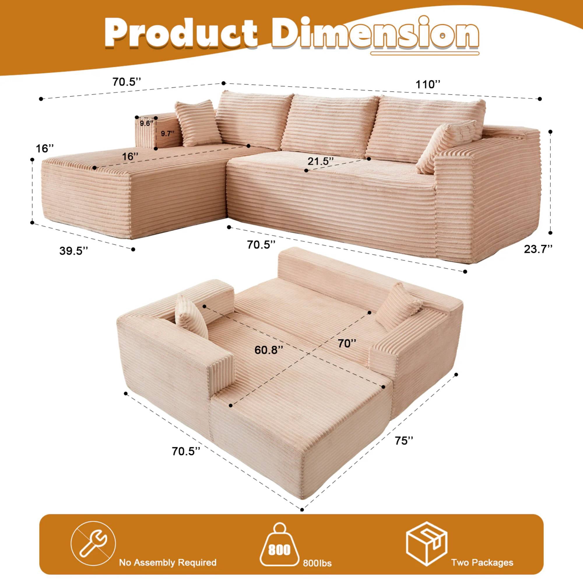 110" Cloud Sectional Couch with Chaise,Modern L-Shape Modular Sofa Corduroy Sleeper Couches for Living Room, Beige