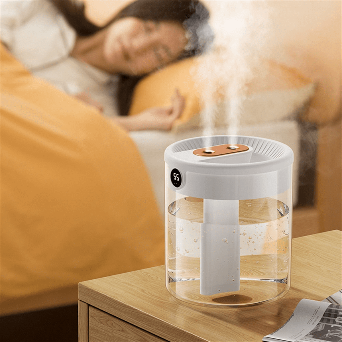 H2O Air Humidifier 2L Capacity Double Nozzle with LCD Humidity Display Essential Oil Diffuser Portable USB,White
