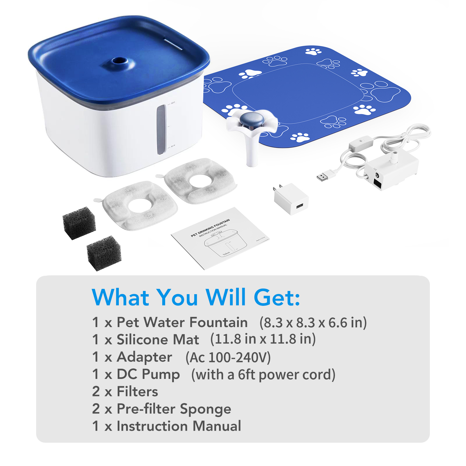 Ophanie Automatic Pet Water Fountain, 95oz, Blue and White photo 3