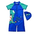 thumbnail image 3 of Rggeeun Boys Child Swimsuit Set 2Pc Cartoon Dinosaur Pattern Short Sleeve Crew Neck Front Zipper Elastic Above Knee with Cover Up Hat for Summer Pool Training Casual Beachwear,Blue,10-13 Years, 3 of 7
