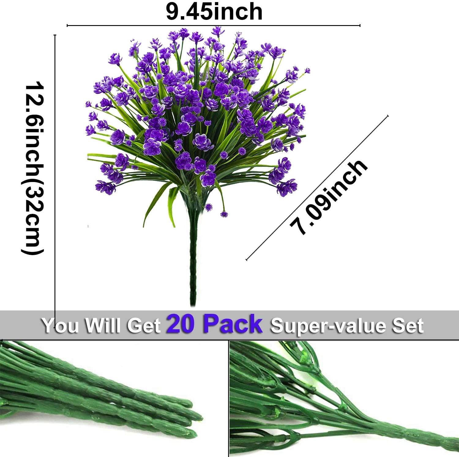 Sinhoon 20 Bundles Artificial Flowers for Outdoor Decoration, UV Resistant Faux Outdoor Plastic Greenery Shrubs Plants Fake Flowers Hanging Planter Home Garden Decor (Purple)