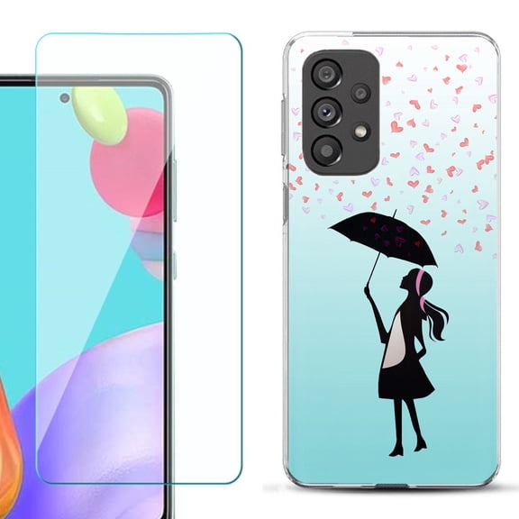 Slim-Fit Gel TPU Phone Case for Samsung Galaxy A33 5G, with Tempered Glass Screen Protector, by OneToughShield ® - Rain/Hearts