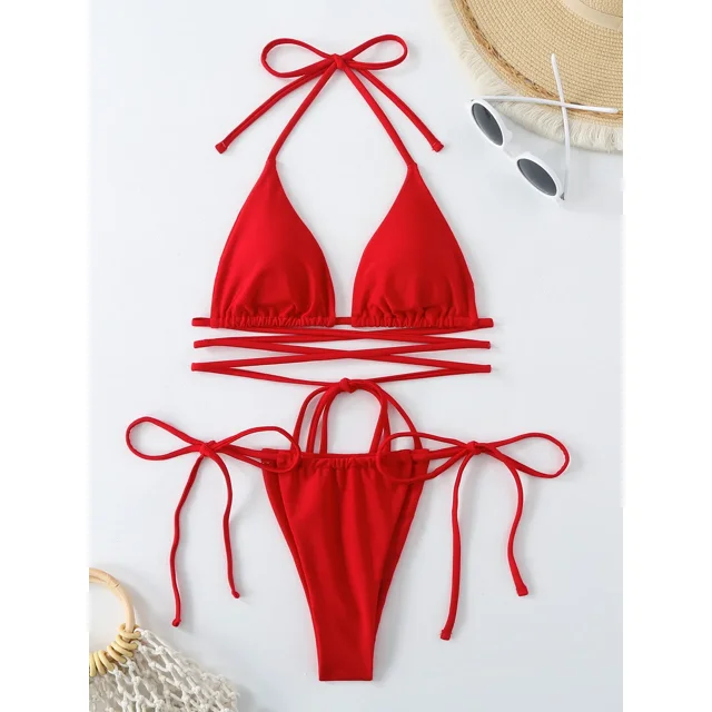 Microbikini Sexy para Mujer, Bandage traje de baño, bañador negro y rojo entrecruzado con Push-Up, Bikini con lazo lateral 2024