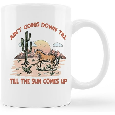 

TraQunn Retro Western Country Horse Cactus Desert Landscape Ain t Going Down Till the Sun Comes Up Ceramic Mug-11oz Coffee Milk Tea Mug Cup with Handle Gifts for Teen Girls Boys Cowgirl Cowboy