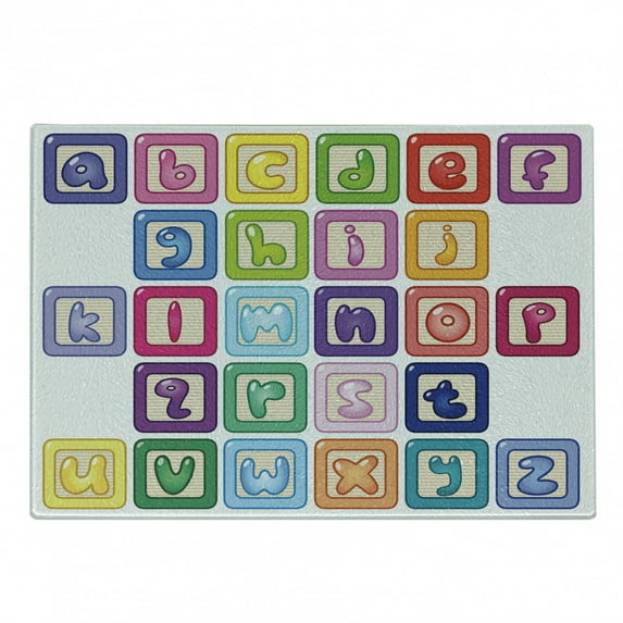 Science Cutting Board, Colorful Lower Case Alphabet Blocks Font Abc Cartoon Style Typography, Decorative Tempered Glass Cutting and Serving Board, Small Size, Multicolor, by Ambesonne
