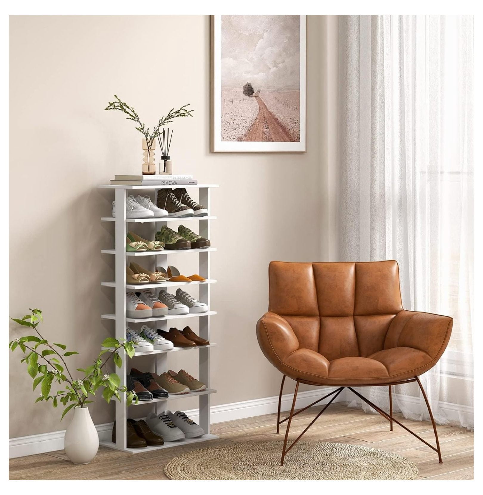 7 Tiers Vertical Shoe Rack, Wooden Slim Shoe Storage Shelf, Narrow Shoe Stand Tower for Boots, Space Saving Shoe Organizer for Closet, Entryway, Front Door (Large, White)