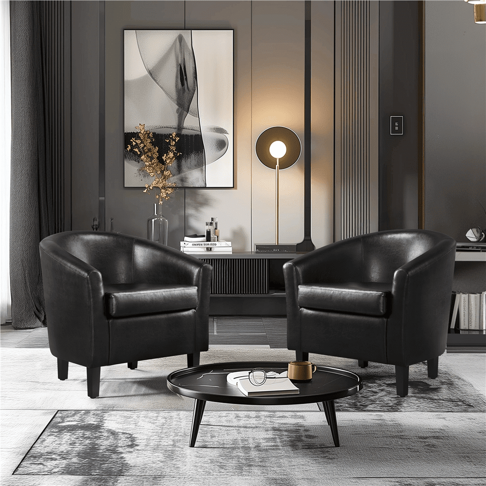Renwick Faux Leather Barrel Accent Chair for Living Room, Set of 2, Black