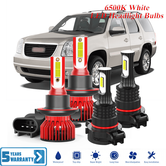 Compatible with GMC Yukon 2007-2014 Lamp Set Headlight + Foglight Combo 4 Pack - 30,000LM 6500K Cool White 600% Ultra-Bright Bulb, Plug & Play