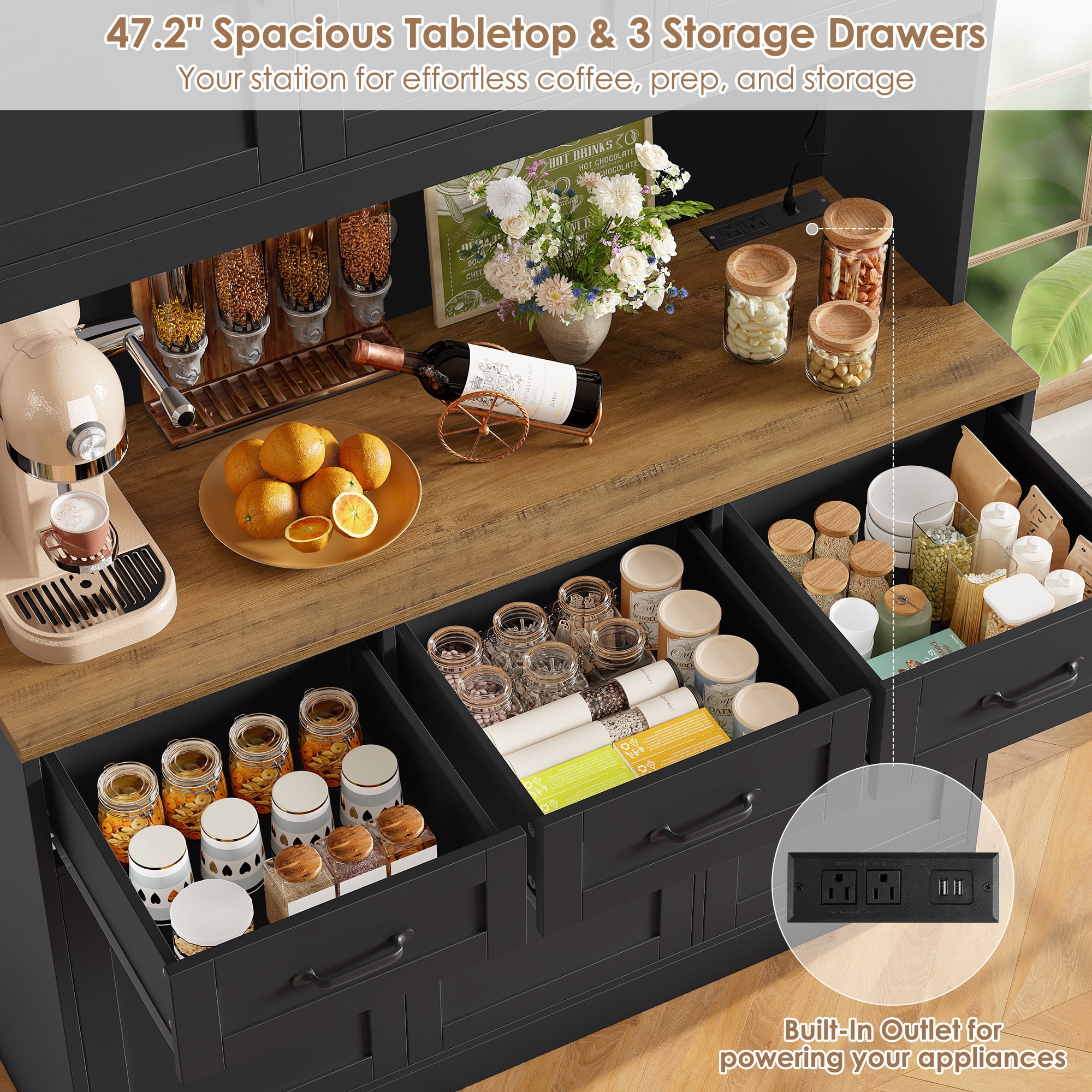 Hiphuta 72" Tall Kitchen Pantry Storgae Cabinet with RGB LED, Hutch Cabinet with Charging Station and Adjustable Shelves for Dining Room, Black & Oak