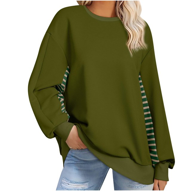 Jamicy Chandails en Molleton pour Femmes Cadeau Tendance pour Femmes Chandail en Molleton Surdimensionné 2025 Décontracté Ample à Rayures Colorblock Manches Longues Col Rond Tunique