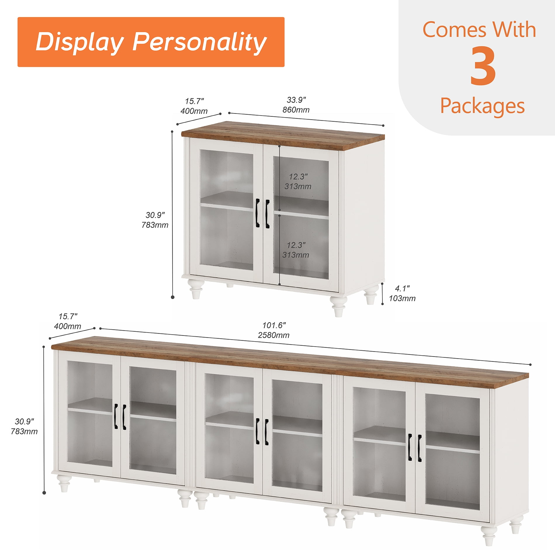Buffet Cabinet with 6 Glass Doors, Kitchen Storage Cabinets with Adjustable Shelf, 101 inch, White