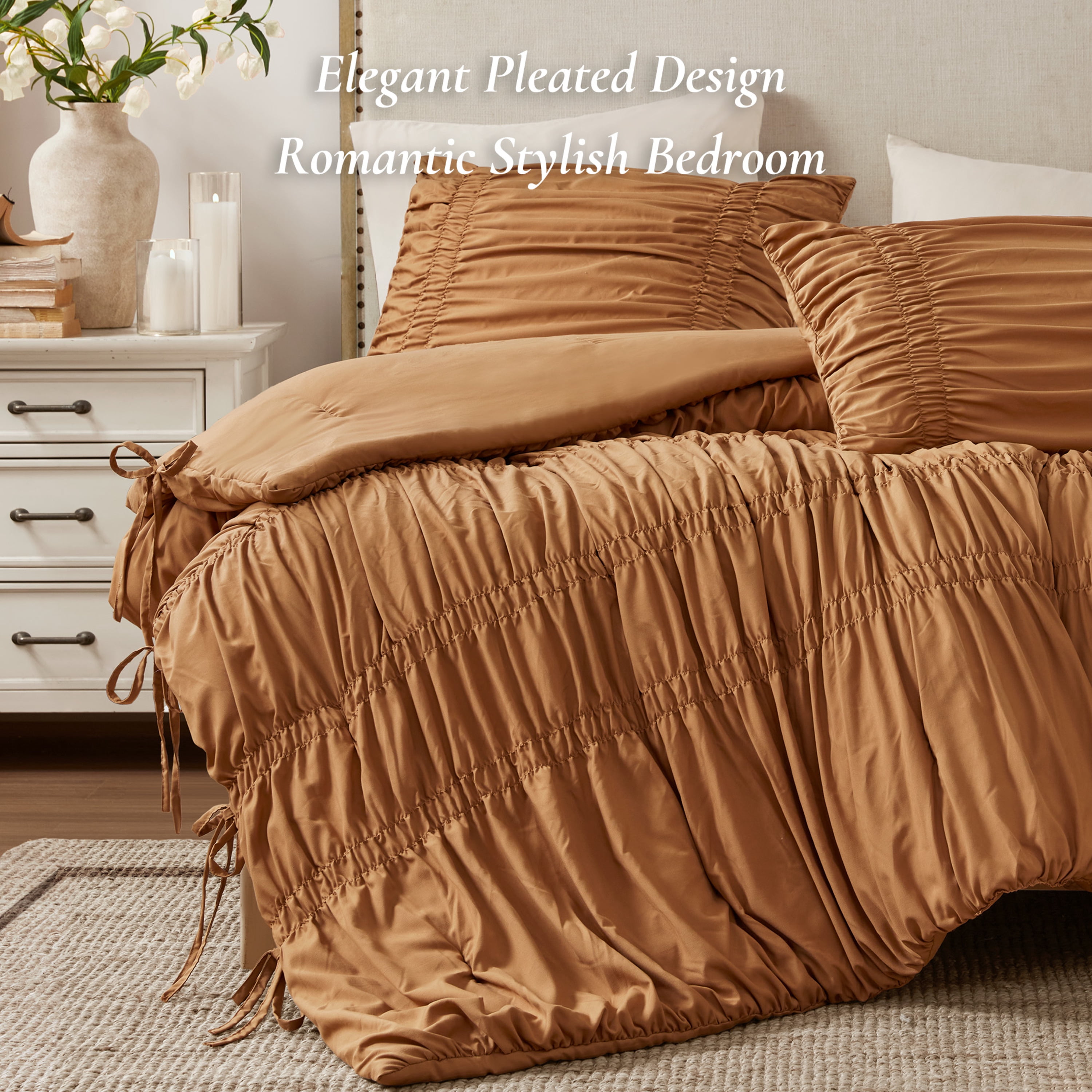 Regency Heights Full/Queen Soft Washed Comforter Set, Ruched Striped Dorm Bedding Sets, 3-Piece Brown French Country Comforter Bed Set with Bow Ties and Sham for All Season