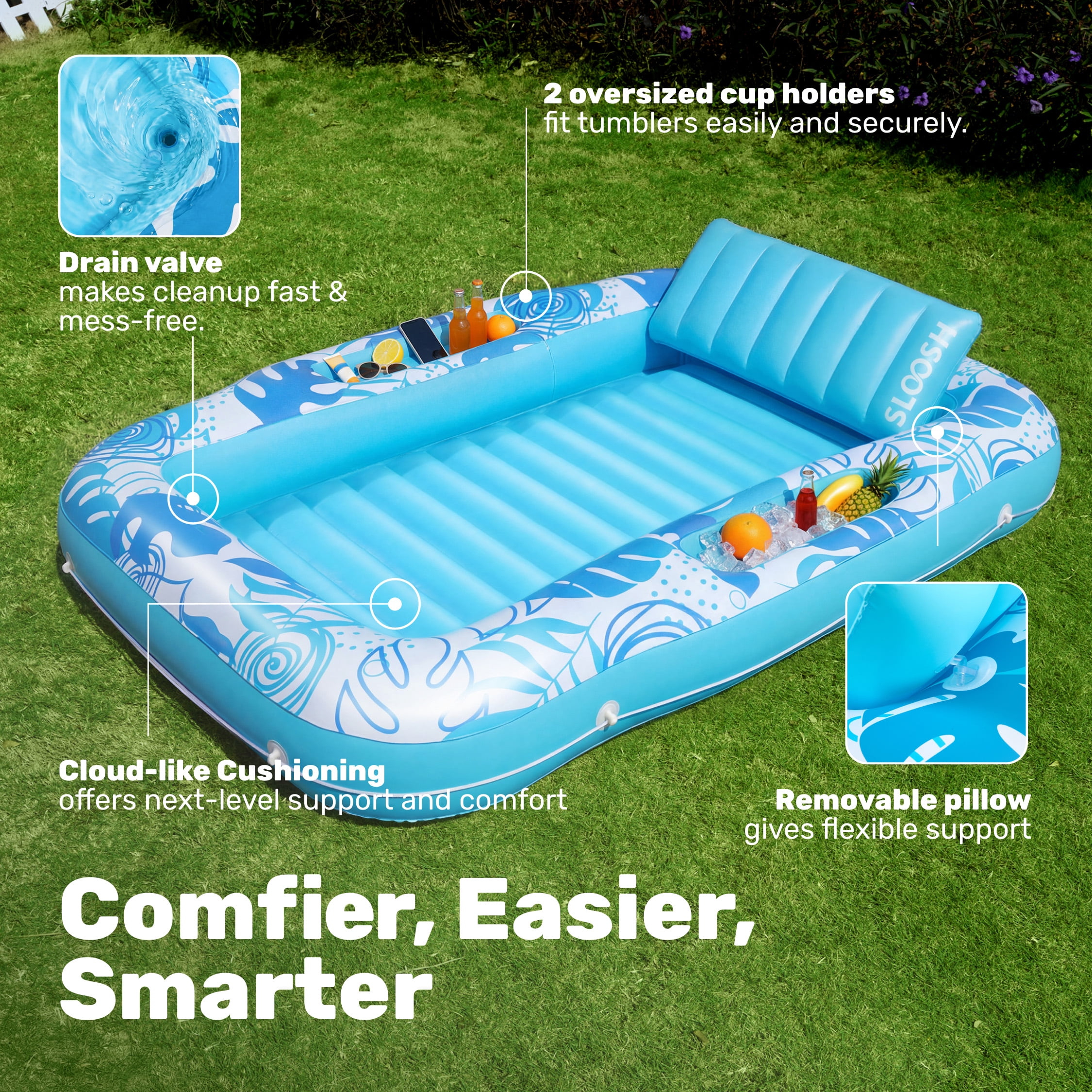 SLOOSH Inflatable Tanning Pool Lounger Float with Cooler, 70" x 46" Large Suntan Sun Tan tub for Adults, Tanning chair, Bed Blow up, Raft Lounge Floatie