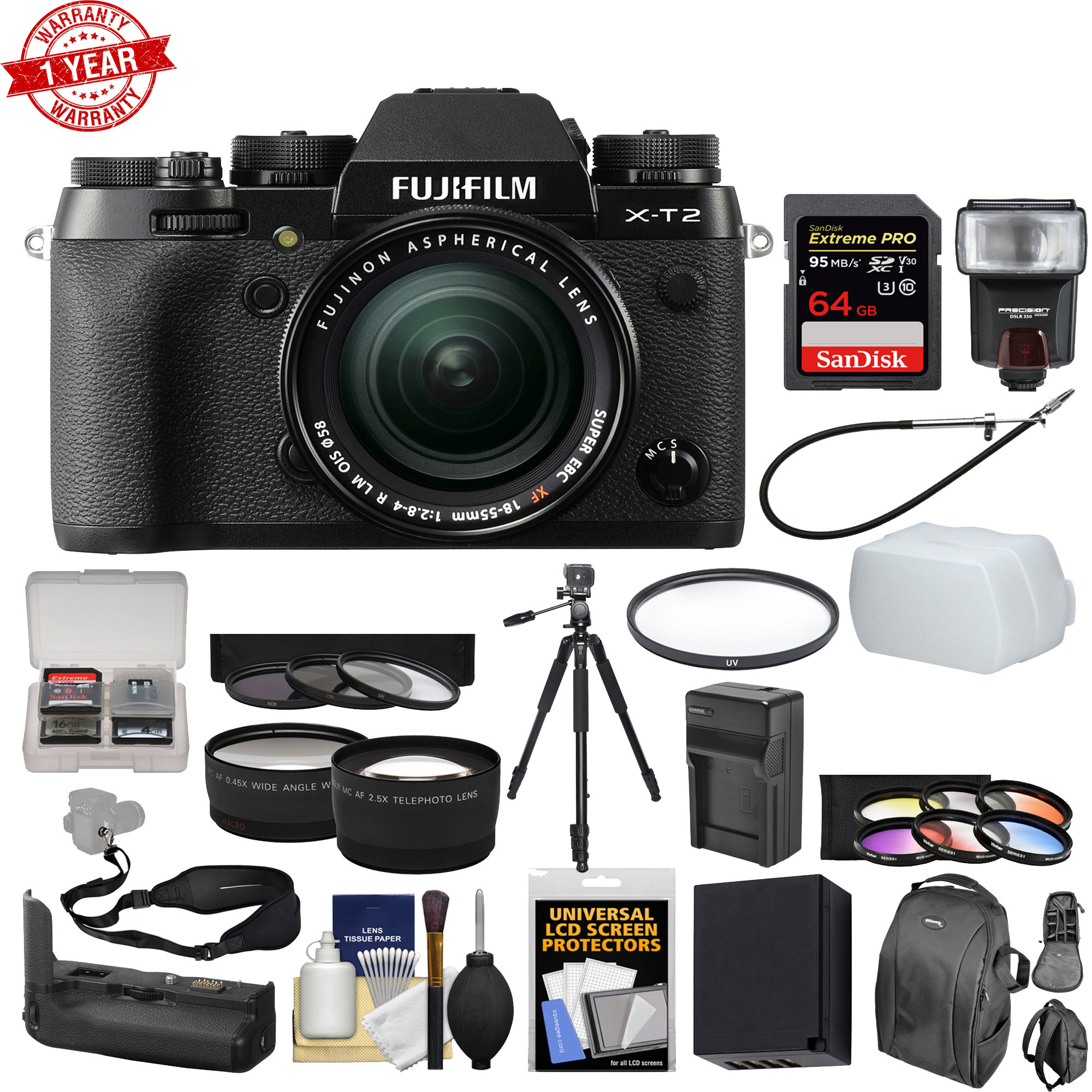 Fujifilm X-T2 4K Wi-Fi Digital Camera &18-55mm XF Lens w/Grip w/ 64GB MC|Case|Flash|Battery & Charger|Tripod|2 Lenses Kit - image 1 of 1
