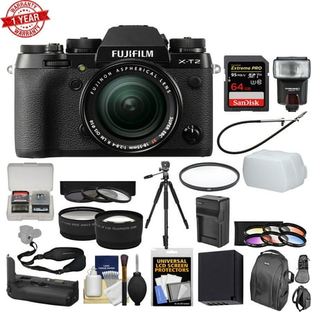 Fujifilm X-T2 4K Wi-Fi Digital Camera &18-55mm XF Lens w/Grip w/ 64GB MC|Case|Flash|Battery & Charger|Tripod|2 Lenses Kit