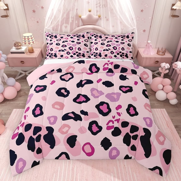 Castle Fairy Pink Leopard Print Girl Bedding Comforter Set 2pcs,Old Fashion Dreamy Princess Twin Comforter Sets Microfiber,Jungle Animal Cheetah Breathable Bedding Set,Super Cozy Room Decor