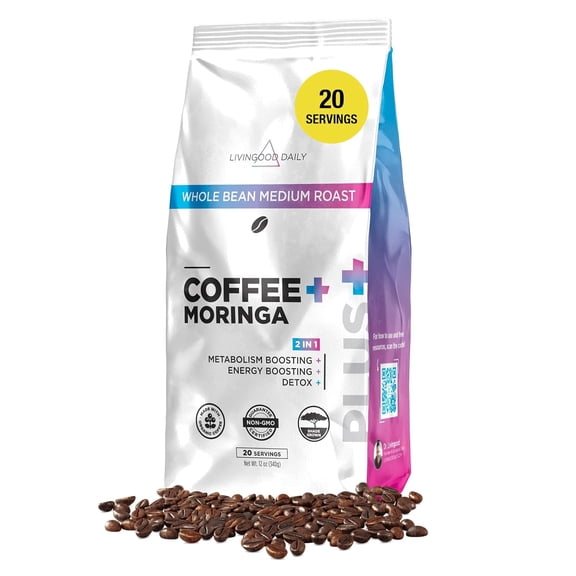 Livingood Daily Coffee with Moringa, Whole Bean Medium Roast Coffee with Plant Based Ingredients for Morning Energy, Made with Moringa Powder, Organic, Non GMO, Vegan, Gluten Free, 20 Srvgs, 12oz Bag