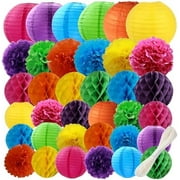 Colorful Paper Decoration Set - 36 Pcs Paper Lanterns, Pompoms, Honeycomb Decorations for Wedding Rainbow Birthday Party Mexican Fiesta Classroom, Wedding, Home Decoration (6 Mixed Colors)