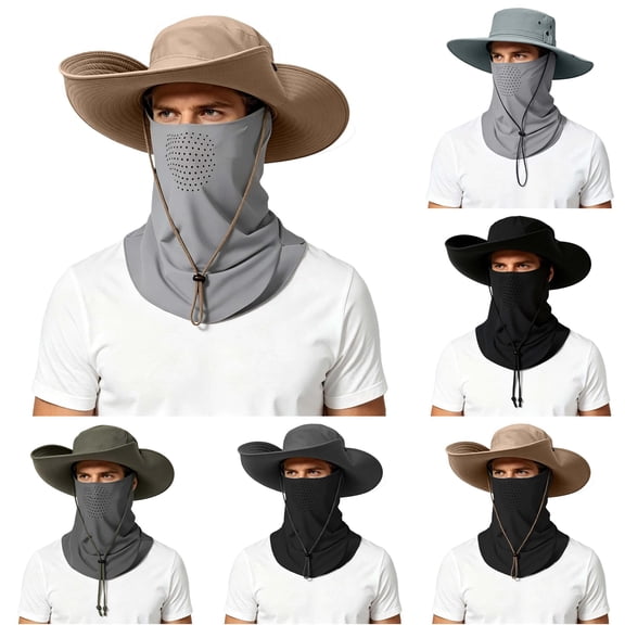 XIAOCHA Mens Detachable‑Mask Boonie Hat Solid Sun Hat Outdoor Wide‑Brim Hat,Light Yellow1