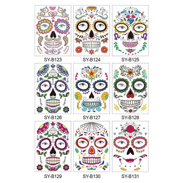 Tatuajes temporales para la cara de Halloween (paquete de 9), Día de los Muertos, calavera de azúcar, esqueleto negro floral, rosa roja, máscara facial completa, tatuaje para hombres y mujeres, adult