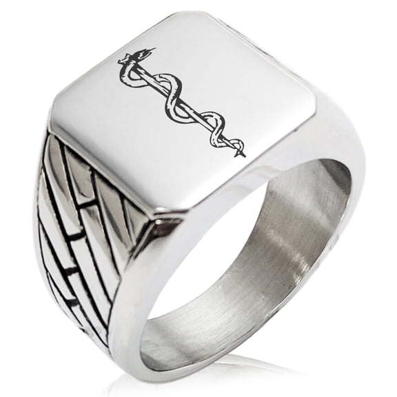 Stainless Steel Rod of Asclepius Geometric Pattern Biker Style Polished Ring