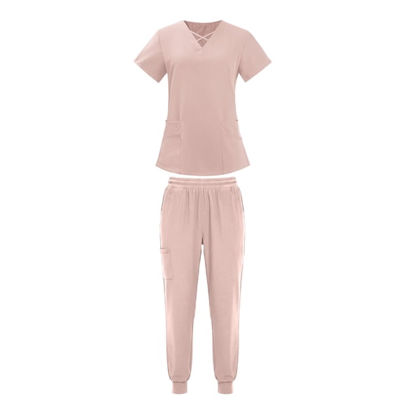 Guluxicc 2 Piece Women's Outfit Sets V Neck Crisscross Short Sleeve Top With Multiple Pockets Elastic Waist Jogger Pants Medical Scrubs Uniform