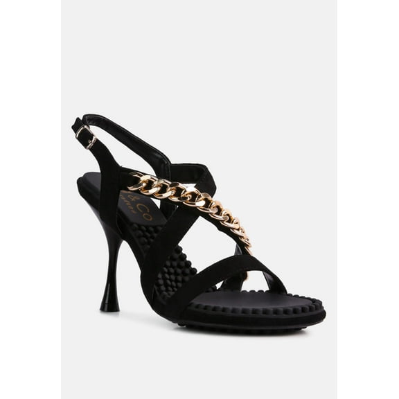 DOMEDA Black Metal Chain Embellished Sandals
