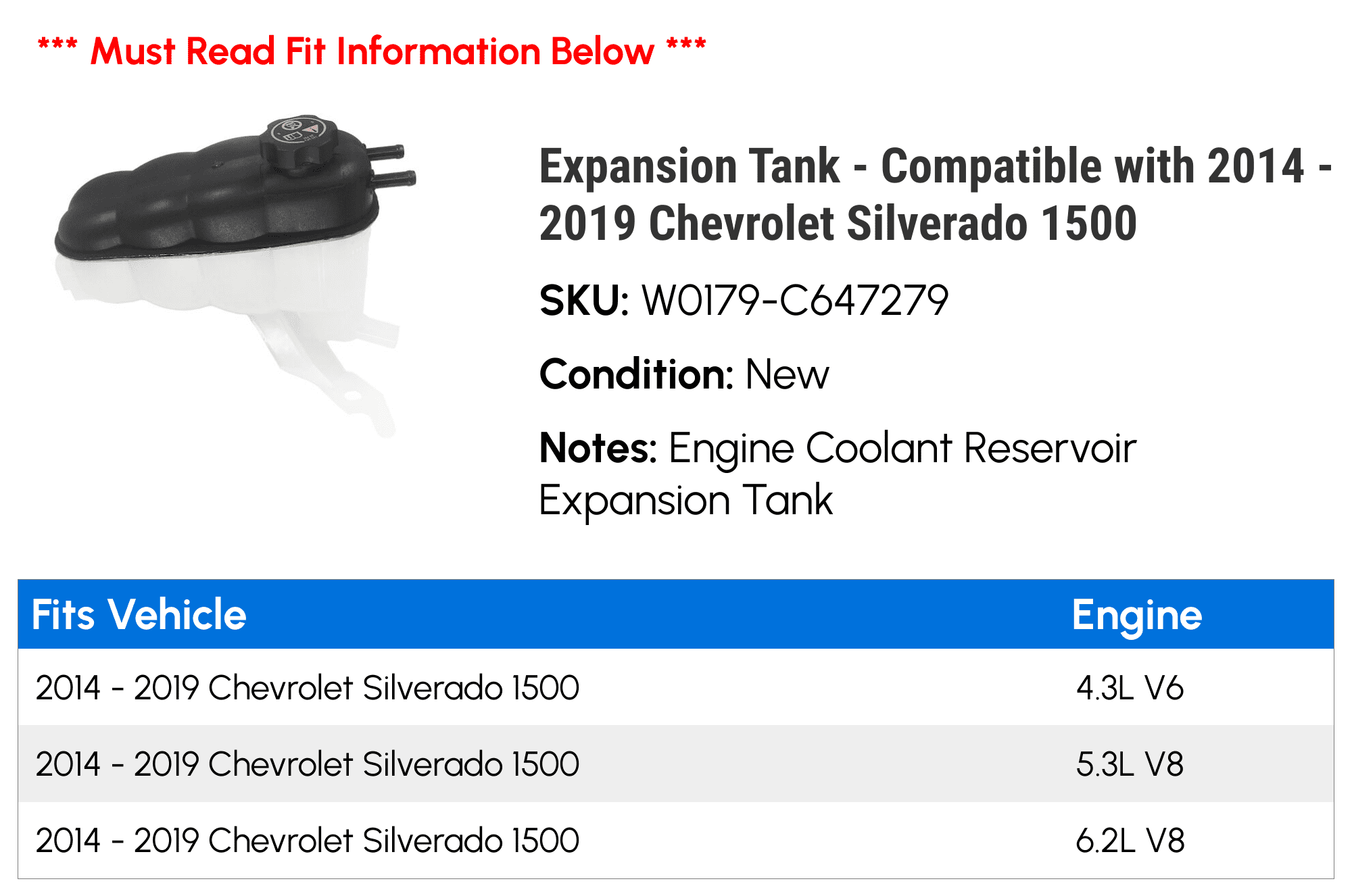 Engine Coolant Radiator Overflow Reservoir Expansion Tank - Compatible with 2014 - 2019 Chevy Silverado 1500 2015 2016 2017 2018