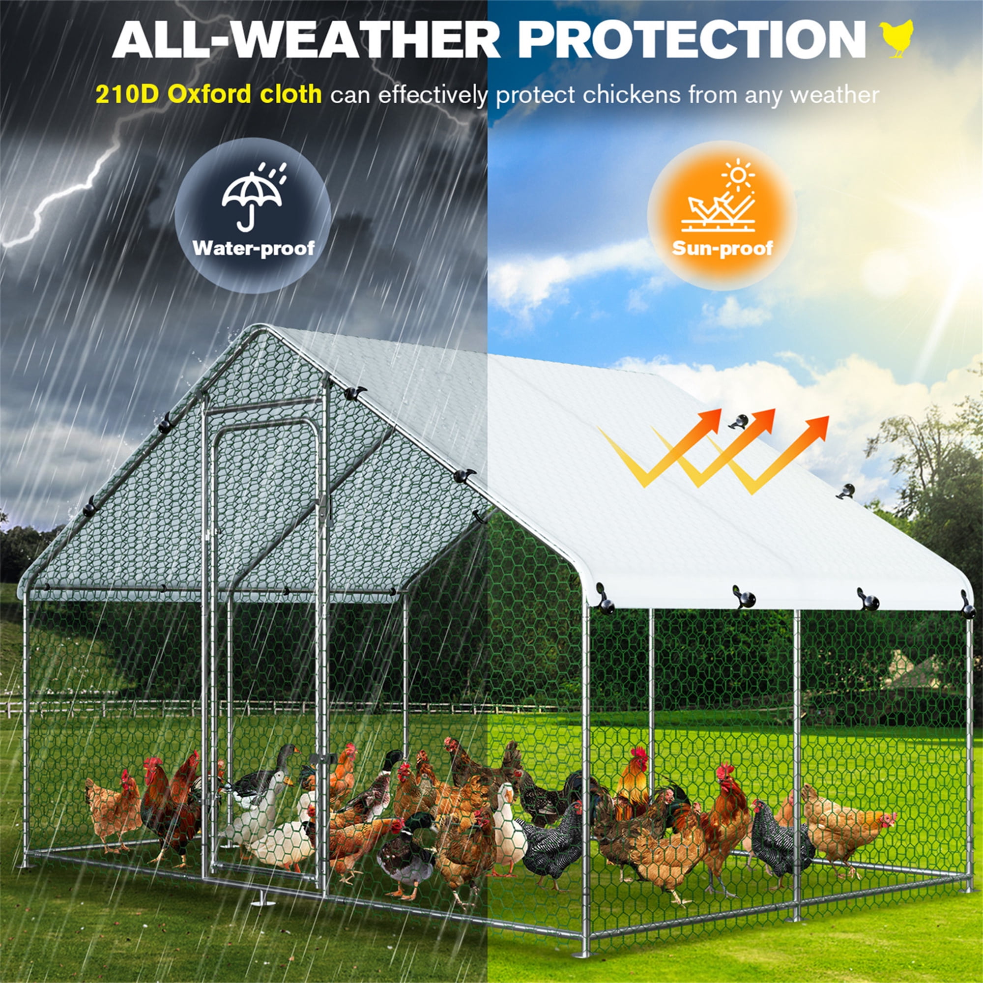 Aukfa Chicken Coop, 13.1 ft Large Chicken Run Cage Outdoor, Heavy Duty Spire Shaped Metal Frame