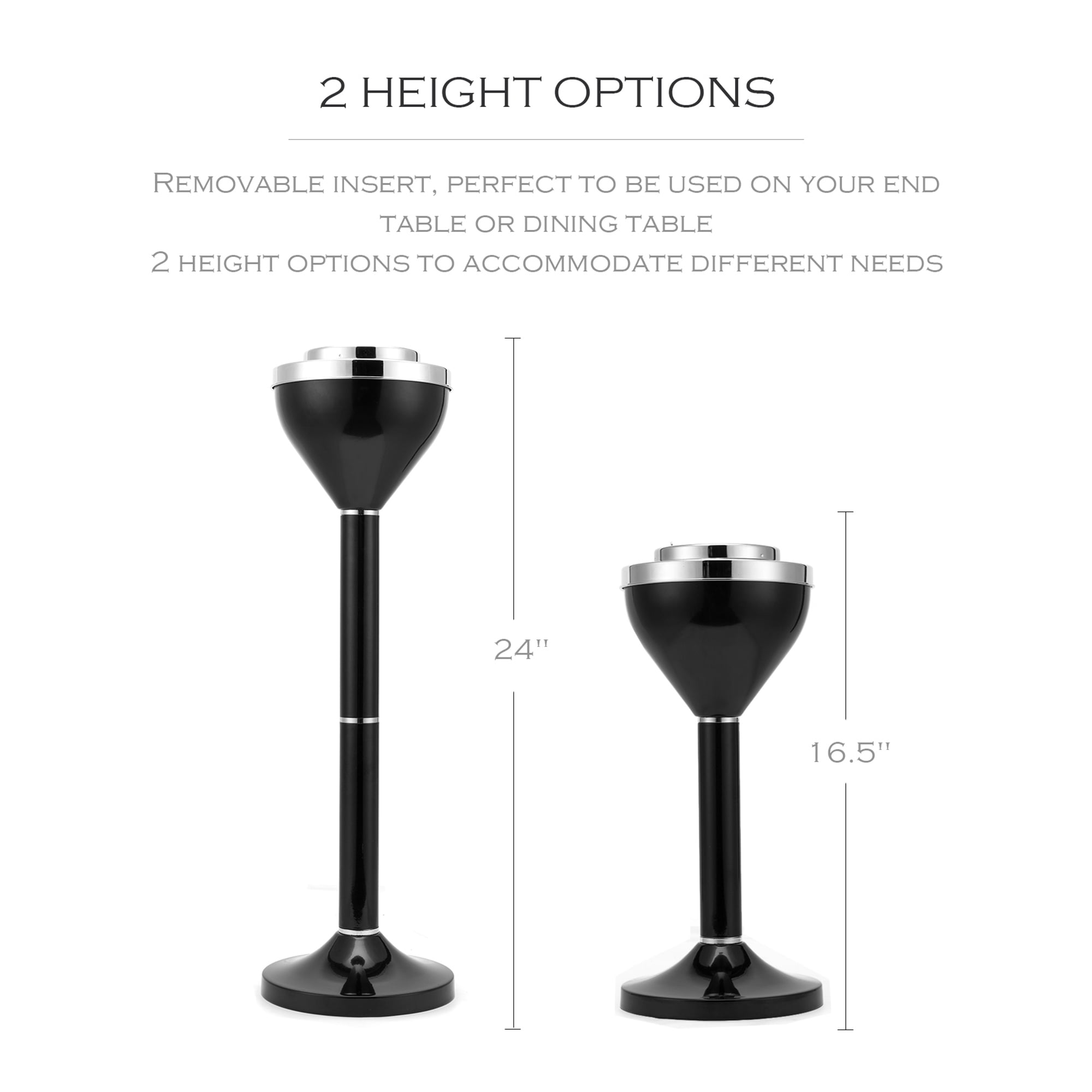 Contemporary 2 Piece Design Standing Ashtray Height Adjustable Chrome Black Finish 24" Or 16.50" Height Adjustable