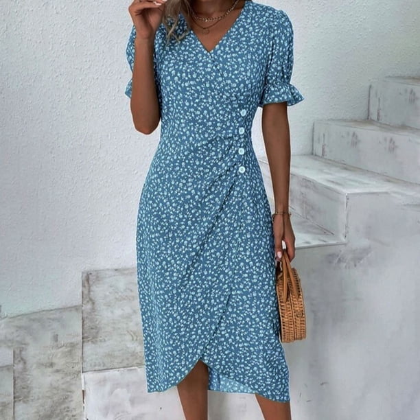 WILLBEST Vestidos Curvy para Mujer Vestido con Dobladillo Irregular y Manga con Cuello En V y Botones para Mujer XXXGrande