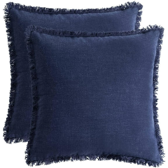 Set of 2 Boho Linen Lumbar Pillow Covers with Fringe for Sofa and Couch Decor 18×18 inch, Blue
