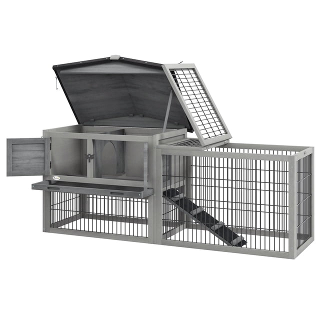Light Grey 59" Rabbit Hutch - 2-Tier Outdoor Wooden Bunny Cage w/ Ramp & Pull-Out Tray for Living & Play
