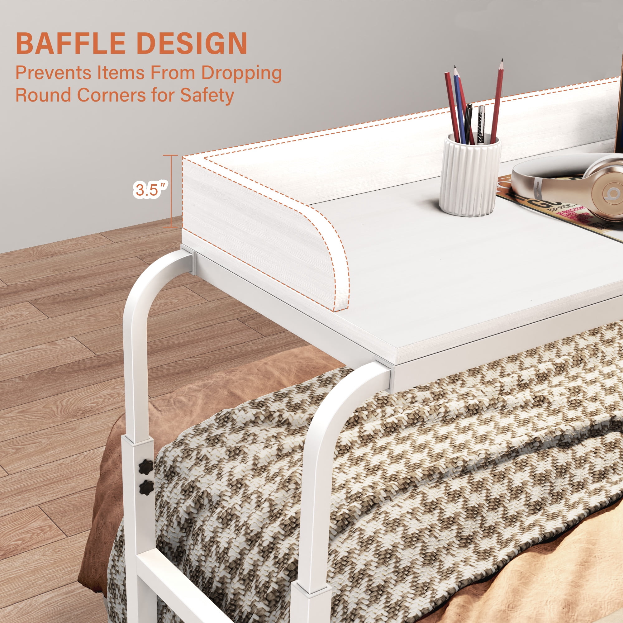 Frmobepts Overbed Table with Wheels, Queen Size Mobile Bed Desk with Adjustable Height and Led Light, Rolling Table, Laptop Table, Recliner Desk, for Bedroom, Living Room, Office,White