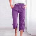 thumbnail image 2 of Ecqkame Womens Cotton Linen Cropped Pants Fashion Casual Elastic Waist Drawstring Pants Lightweight Solid Color Straight Leg Trousers with Pockets 03-Purple L, 2 of 6