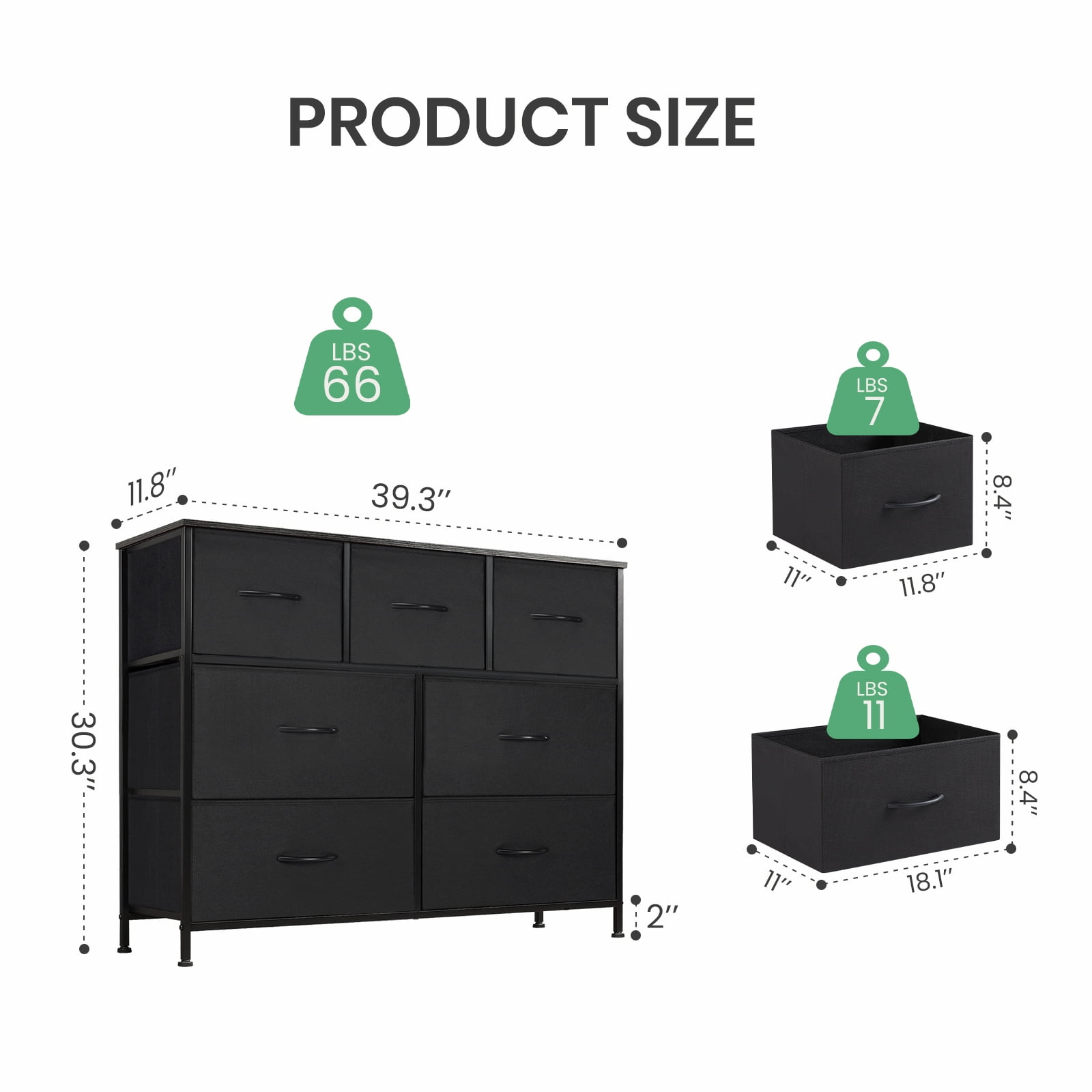 Gianna Chest of Drawers with 7 Fabric Drawers, Drawer Cabinet, Organization Furniture for Kitchen, Office, Hallway, Black