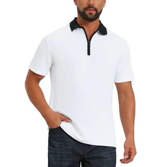 INSPIRE CHIC Easter Inspired Men's Zipper Closure Colorblock Short Sleeve Basic Polo Shirt M White