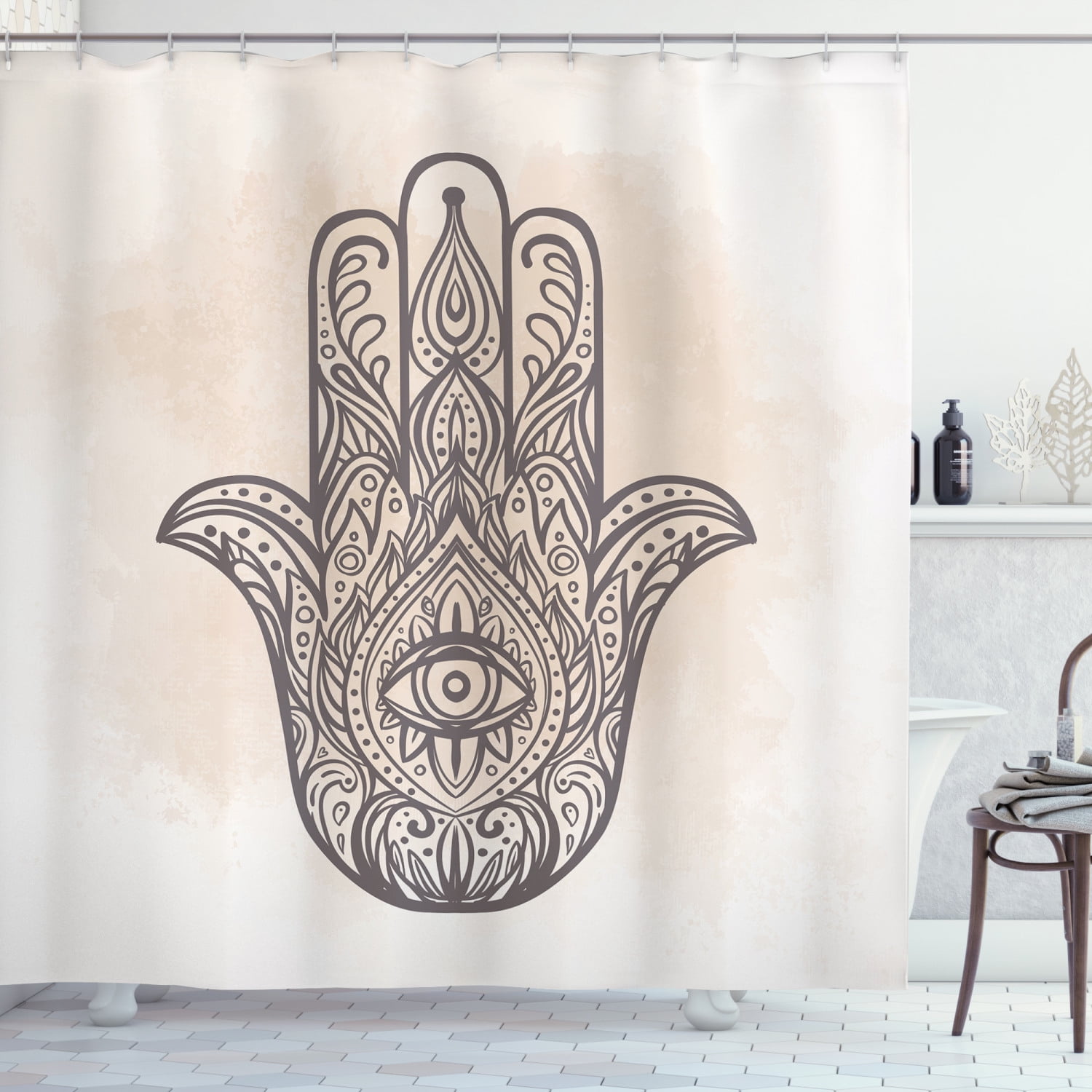 Oriental Shower Curtain, Palm Shaped Folkloric Interpretation Ornate