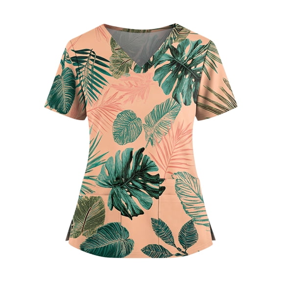 Nurse Uniforms for Women Hawaiian Short Sleeve Medical Scrub Top V-Neck Tropical Palm Tree Print Beach Tshirts Working Uniform