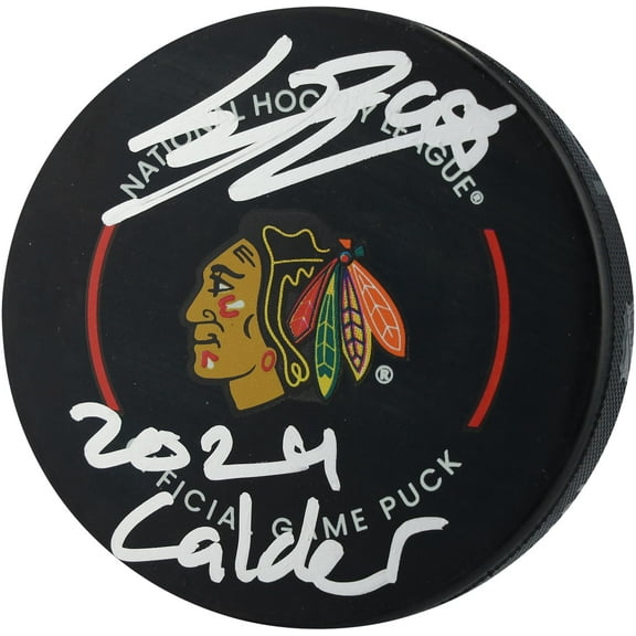 Connor Bedard Chicago Blackhawks Autographed Official Game Puck with "2024 Calder" Inscription - Fanatics Authentic Certified