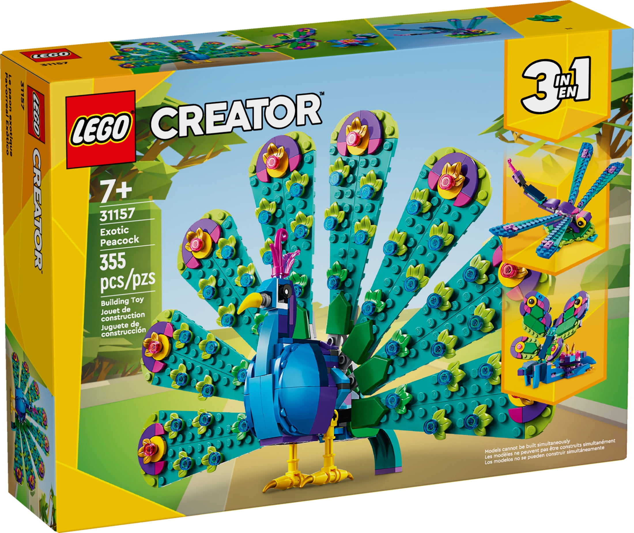 LEGO Creator 3 in 1 Exotic Peacock Building Set for Kids, Transforms to Dragonfly & Butterfly, 31157(图3)