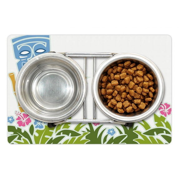 Tiki Bar Pet Mat for Food and Water, Surrounded by Fresh Vibrant Hibiscus Flowers Polynesian Print, Non-Slip Rubber Mat for Dogs and Cats, 18" X 12", by Ambesonne