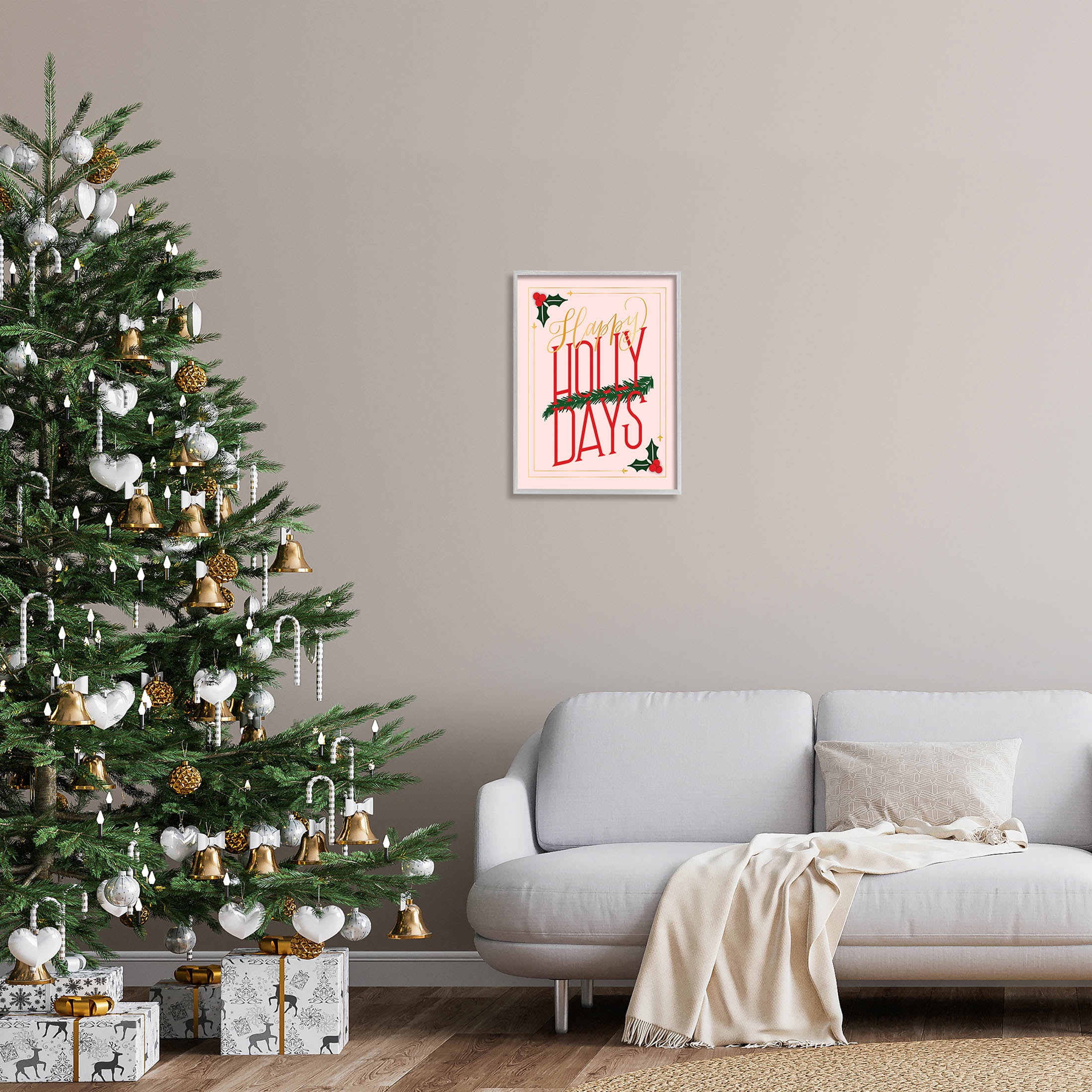 Happy Holly Days Botanical Holiday Holiday Graphic Art Gray Framed Art Print Wall Art