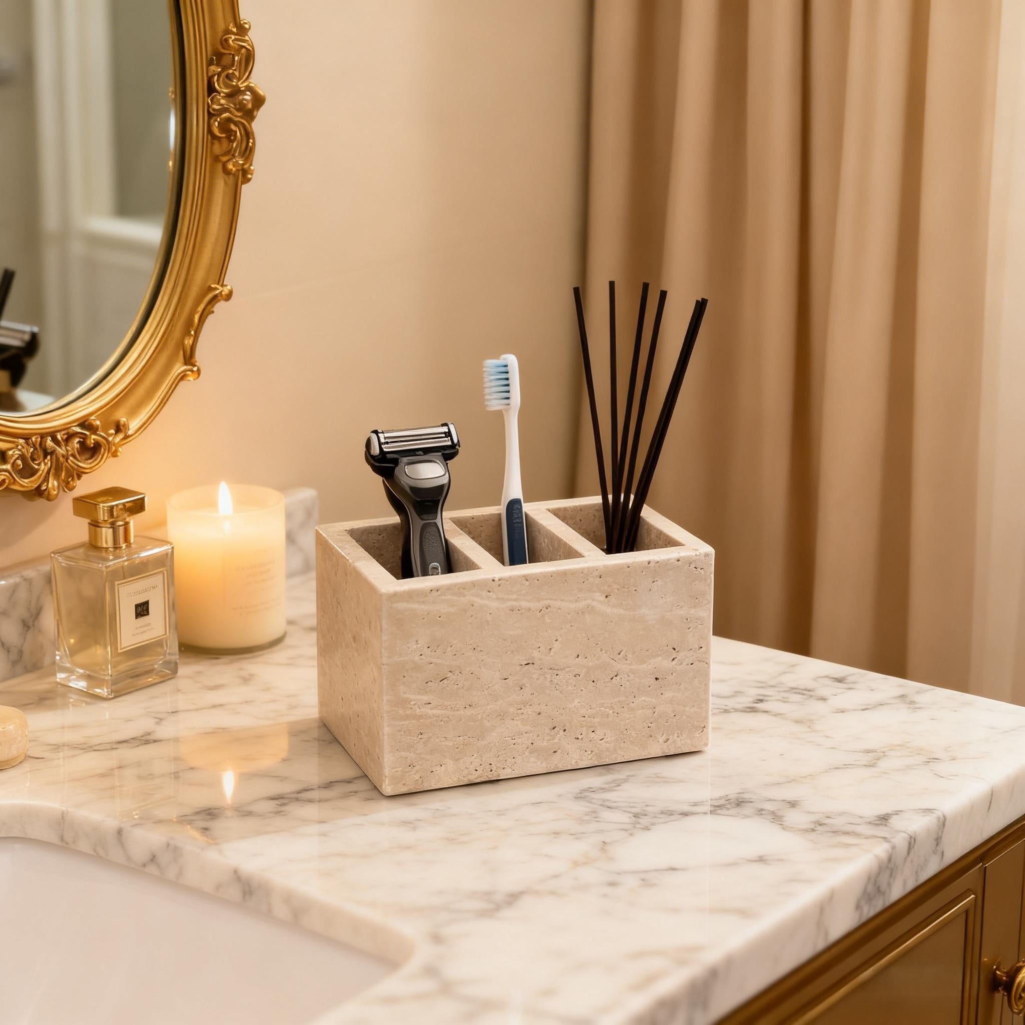 Natural Travertine Marble Organizer - Multi-Purpose Pencil Pen Holder, Bathroom Makeup Brush Storage, Office Desktop Stationary Caddy