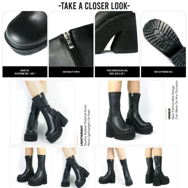 Femflame Women s Chunky Heel Ankle Boots Fashion Platform Zipper Goth Punk Motorcycle Booties Square Block High Heel Round Toe Work Combat Boots Mid Calf Woman Shoes Black Size 8 Walmart