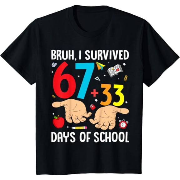 Bruh I Survived 67 33 Days of School Kids 100th Day T-Shirt, Tee for 100th Day School Celebration, Back To School T-Shirt for Kids, Black, 180gsm, 100% Cotton