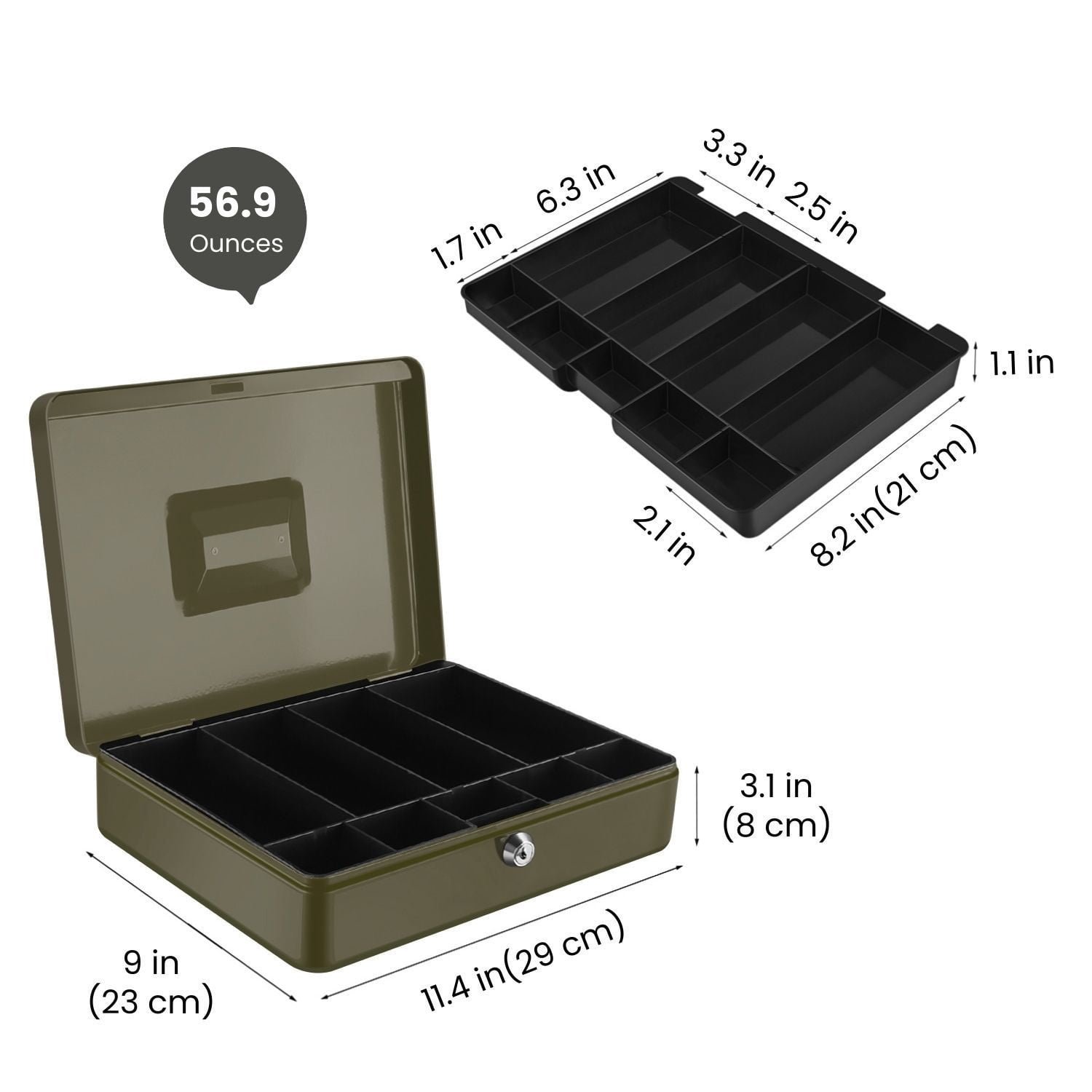 Cash Box with Money Tray and Lock - Metal Cash Box for Small Businesses, 9-Compartment Green Money Box with Lock and Key for Petty Cash, Checks, Coins, Portable Money Box for Cash Storage